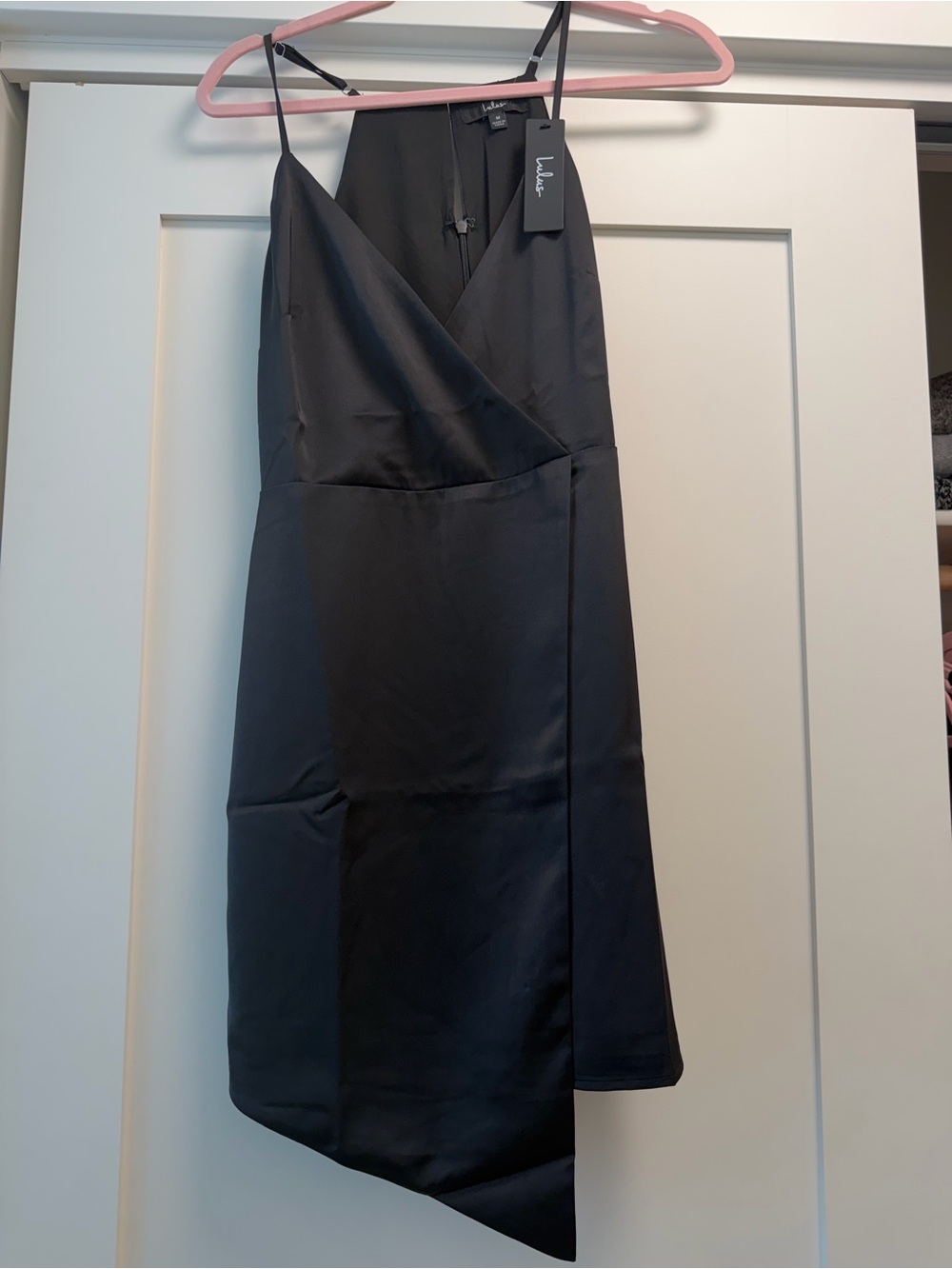 Lulu's Black Asymmetrical Slip Dress with Spaghetti Straps